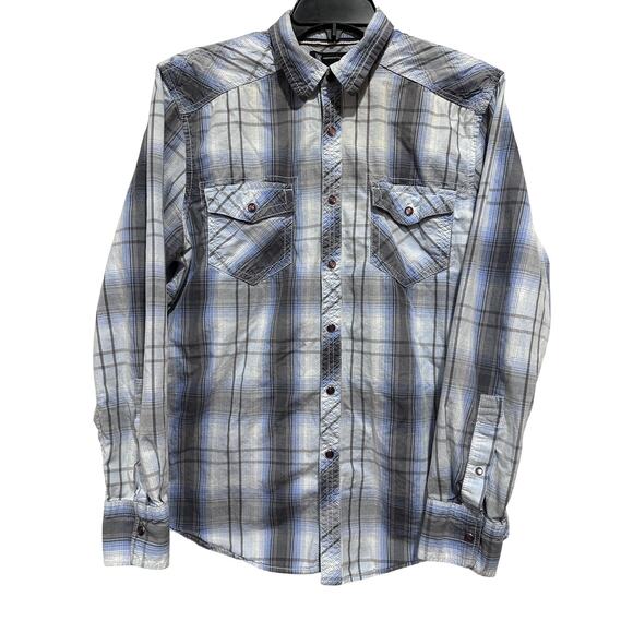 INC International Concepts Shirt Mens Size M Blue Plaid Western Pearl Snap FLAW - Picture 1 of 8